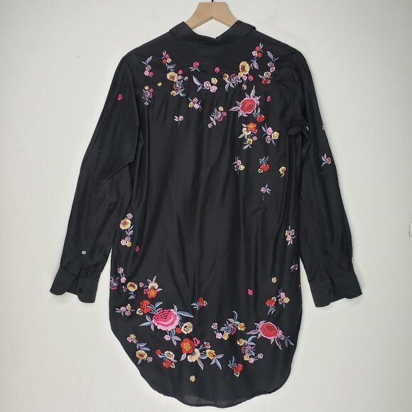 Zara Floral Embroidered Button Front Tunic Top Oversized XS Black Boho - Picture 9 of 9